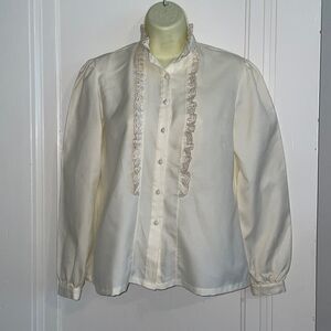 Vtg 70s C.E.O. Petites cream colored‎ high necked polyester blouse